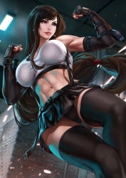 Rule 34 | 1girl, abs, arm guards, artist name, black gloves, black panties, black skirt, black thighhighs, blurry, blurry background, brown eyes, clenched hands, dandon fuga, earrings, elbow gloves, female focus, final fantasy, final fantasy vii, final fantasy vii remake, fingerless gloves, gloves, highres, jewelry, long hair, looking to the side, low-tied long hair, muscular, muscular female, navel, panties, pleated skirt, serious, skirt, solo, thighhighs, tifa lockhart, toned, underwear