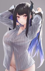 Rule 34 | 1girl, absurdres, arms up, black hair, black horns, blue hair, bottomless, breasts, cleavage, collared shirt, colored inner hair, cowboy shot, demon horns, grey background, hair flowing over, highres, hololive, hololive english, horns, large breasts, long hair, looking at viewer, mole, mole under eye, multicolored hair, nerissa ravencroft, nerissa ravencroft (1st costume), parted lips, red eyes, shirt, simple background, solo, two-tone hair, umamii, very long hair, virtual youtuber, white shirt