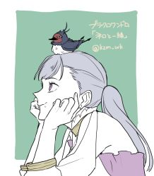 Rule 34 | 1girl, animal, animal on head, bad id, bad pixiv id, bird, bird on head, black clover, blue background, border, head rest, highres, kazami (wk), long hair, looking up, nero (black clover), noelle silva, on head, partially colored, purple eyes, secre swallowtail, silver hair, simple background, smile, solo, translation request, twitter username, upper body, white border