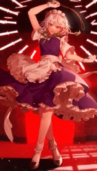 Rule 34 | 1girl, ao tamari, apron, arm up, black footwear, blue dress, blush, bow, braid, closed mouth, commentary request, dress, full body, gloves, green bow, green neckwear, hair bow, high heels, holding, holding knife, indoors, izayoi sakuya, knife, looking at viewer, medium hair, pocket watch, puffy short sleeves, puffy sleeves, red carpet, red eyes, scarlet devil mansion, short hair, short sleeves, short socks, side braids, sidelocks, silver hair, smile, solo, standing, touhou, twin braids, waist apron, watch, white apron, white gloves, white legwear, window, wrist cuffs