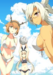 Rule 34 | 10s, 3girls, :3, absurdres, arms behind back, ball, beachball, blonde hair, breasts, brown eyes, brown hair, cleavage, dark-skinned female, dark skin, glasses, green eyes, hair ribbon, hairband, has bad revision, has downscaled revision, headgear, highres, kantai collection, large breasts, looking at viewer, md5 mismatch, midriff, multiple girls, musashi (kancolle), mutsu (kancolle), navel, open mouth, personification, pointy hair, red eyes, rensouhou-chan, resolution mismatch, ribbon, shimakaze (kancolle), source smaller, swimsuit, yosinobu