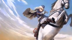 Rule 34 | 1girl, bad id, bad twitter id, belt, belt pouch, blonde hair, blue eyes, blue hat, blue sky, boots, brown footwear, cape, clenched teeth, cloud, cloudy sky, copyright request, day, gloves, gun, handgun, hat, highres, holding, holding gun, holding weapon, horse, horseback riding, jacket, long hair, long sleeves, military, military uniform, outdoors, pants, parted lips, pistol, pouch, rearing, reins, riding, sitting, sky, solo, stirrups (riding), teeth, treeware, uniform, weapon, white gloves