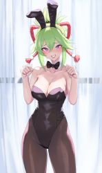 Rule 34 | 1girl, absurdres, alternate costume, bare arms, bare shoulders, breasts, cleavage, commentary request, cowboy shot, detached collar, dolri, genshin impact, green hair, grin, hands up, highres, kuki shinobu, large breasts, leotard, looking at viewer, pantyhose, playboy bunny, purple eyes, raised eyebrows, sidelocks, smile, solo