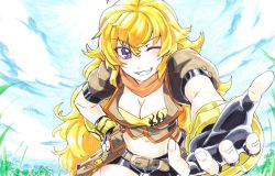 Rule 34 | 1girl, breasts, cleavage, large breasts, looking at viewer, mikk, pov, rwby, smile, solo, yang xiao long