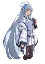 Rule 34 | 1girl, arm at side, blue archive, blue necktie, book, breasts, brown pantyhose, closed mouth, coat, collared shirt, cropped legs, grey hair, gun, halo, highres, holding, holding book, holding gun, holding weapon, jacket, ken rqll, long hair, looking at viewer, looking to the side, necktie, noa (blue archive), off shoulder, pantyhose, purple eyes, shirt, simple background, skirt, small breasts, smile, solo, very long hair, weapon, white background, white coat, white jacket, white skirt