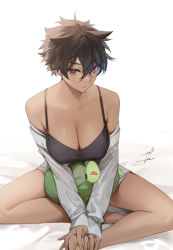 Rule 34 | 1girl, absurdres, bare legs, bare shoulders, black bra, bra, bra strap, breasts, brown eyes, brown hair, cleavage, closed mouth, collarbone, commentary request, dark-skinned female, dark skin, hair between eyes, highres, large breasts, long sleeves, looking at viewer, micchan (ohisashiburi), off-shoulder shirt, off shoulder, ohisashiburi, original, shirt, short hair, signature, simple background, sitting, sleeves past wrists, smile, solo, spiked hair, stuffed animal, stuffed toy, stuffed turtle, tank top, tomboy, underwear, white background, white shirt
