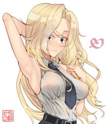 Rule 34 | 1girl, absurdres, arm behind head, armpits, artist logo, bad id, bad pixiv id, black necktie, blonde hair, breasts, commentary request, dress shirt, grey eyes, highres, hornet (kancolle), kantai collection, large breasts, long hair, necktie, nipples, no bra, see-through, shirt, simple background, sleeveless, sleeveless shirt, solo, upper body, white background, white shirt, yunoji yusuke