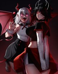 Rule 34 | 2girls, absurdres, arms behind back, bandaged arm, bandages, black choker, black hair, black nails, black skirt, borrowed character, breasts, choker, clothes around waist, commentary, crop top, demon girl, demon horns, demon tail, demon wings, english commentary, fangs, grin, highres, horns, kiri gardentale, large breasts, miniskirt, multiple girls, open mouth, orange eyes, original, pink eyes, pointy ears, rageman709, rayzel (jourd4n), red nails, sharp teeth, shirt, short shorts, shorts, skirt, sleeveless, sleeveless shirt, small breasts, smile, standing, standing on one leg, sweater, sweater around waist, tail, teeth, tongue, tongue out, white hair, wings, wrist cuffs