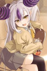 Rule 34 | 1girl, :d, absurdres, black thighhighs, braid, cardigan, chair, fang, grey hair, highres, hololive, horns, la+ darknesss, long hair, looking at viewer, open mouth, purple hair, school uniform, sitting, skirt, sleeves past wrists, smile, solo, thighhighs, torn flipper, very long hair, virtual youtuber, yellow eyes