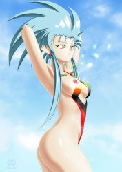 Rule 34 | 1girl, absurdres, armpits, arms behind head, arms up, ass, blue hair, breasts, dissolving clothes, earrings, highres, jewelry, long hair, n.kaname, nipples, one-piece swimsuit, one breast out, parted lips, ryouko (tenchi muyou!), sidelocks, signature, small breasts, solo, spiked hair, standing, swimsuit, tenchi muyou!, torn clothes, torn swimsuit, yellow eyes