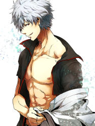 Rule 34 | 1boy, abs, bad id, bad pixiv id, gintama, male focus, naughty face, nipples, nolife, open clothes, open shirt, red eyes, sakata gintoki, shirt, silver hair, solo, undressing