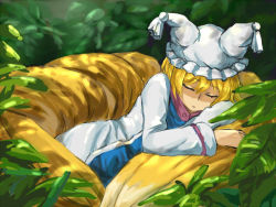 Rule 34 | 1girl, bad id, bad pixiv id, blonde hair, closed eyes, female focus, fox tail, hat, jenny (151), multiple tails, nature, outdoors, plant, short hair, sleeping, solo, tail, touhou, yakumo ran