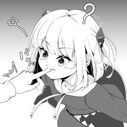 Rule 34 | 1girl, 1other, animal hood, biting, finger biting, gawr gura, greyscale, hair ornament, highres, hololive, hololive english, hood, monochrome, solo focus, suzune kou, two side up, virtual youtuber
