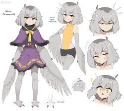 Rule 34 | !, 1girl, :&lt;, :3, bare shoulders, black shorts, blush, character sheet, claws, dress, grey feathers, grey hair, grey wings, harpy, heattech leotard, highres, leotard, looking at viewer, medium hair, mono (sifserf), monster girl, multiple views, original, owl girl, purple dress, shorts, sifserf, simple background, smile, talons, turtleneck, twitter username, white background, winged arms, wings, yellow eyes, yellow leotard