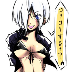 Rule 34 | 1girl, :p, angel (kof), bikini, bikini top only, breasts, hair over one eye, snk, solo, swimsuit, the king of fighters, tongue, tongue out, translation request, underboob