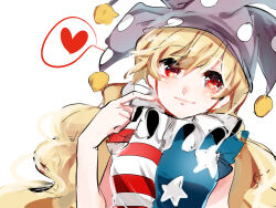 Rule 34 | 1girl, american flag dress, blonde hair, blue dress, blush, chin, closed mouth, clownpiece, dress, frilled sleeves, frills, hand up, hat, heart, jester cap, long hair, looking at viewer, multicolored clothes, multicolored dress, neck ruff, pointing, pointing at self, polka dot headwear, pom pom (clothes), purple hat, red dress, red eyes, short sleeves, smile, speech bubble, spoken heart, star (symbol), star print, striped clothes, striped dress, suzune hapinesu, touhou, upper body, white background, white dress