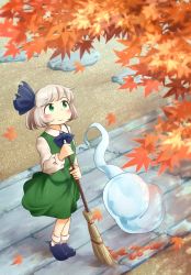 Rule 34 | 1girl, arms up, autumn leaves, black footwear, blush, broom, calcmis gowa, commentary request, day, from above, green eyes, green skirt, green vest, hair ribbon, highres, holding, holding broom, konpaku youmu, konpaku youmu (ghost), leaf, loafers, long sleeves, looking up, maple leaf, outdoors, ribbon, shirt, shoes, short hair, silver hair, skirt, smile, solo, stepping stones, stone walkway, touhou, vest, white legwear, white shirt