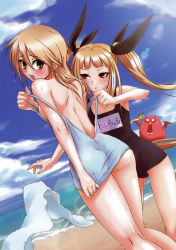 Rule 34 | 2girls, ^^^, arc system works, ass, back, black one-piece swimsuit, blazblue, blazblue: calamity trigger, blonde hair, blunt bangs, breasts, character name, clothes pull, day, demon, embarrassed, gii, green eyes, hair between eyes, highres, kneepits, legs apart, long hair, multiple girls, noel vermillion, official art, one-piece swimsuit, one-piece swimsuit pull, outdoors, parted bangs, pulled by self, pulling another&#039;s clothes, rachel alucard, red eyes, ribbon, school swimsuit, small breasts, standing, surprised, swimsuit, twintails, vampire, white one-piece swimsuit, yuri