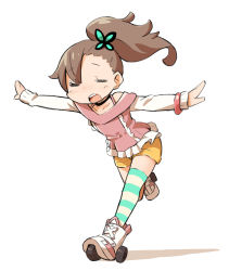 Rule 34 | 1girl, bad id, bad pixiv id, bare shoulders, blush, brown hair, butterfly hair ornament, child, choker, chousoku henkei gyrozetter, gunjima souichirou, hair ornament, inaba rinne, long hair, open mouth, outstretched arms, ribbon choker, roller shoes, shoes, shorts, side ponytail, single thighhigh, smile, solo, spread arms, striped clothes, striped thighhighs, thighhighs