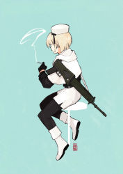 Rule 34 | 1girl, absurdres, assault rifle, blonde hair, boots, capelet, cigarette, commentary, gloves, gun, hat, highres, hood, hood down, hooded capelet, leggings, original, pantyhose, pencil skirt, rifle, seallllion, short hair, sig sg550, sig sg550, simple background, sitting, skirt, smoking, symbol-only commentary, weapon