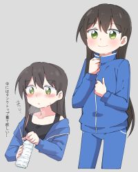 Rule 34 | 1girl, :o, bang dream!, black hair, black tank top, blue jacket, blue pants, blush, bottle, clenched hand, collarbone, commentary request, green eyes, grey background, gyaheung, hanazono tae, holding, holding bottle, jacket, long hair, long sleeves, multiple views, pants, simple background, smile, sweatdrop, tank top, track jacket, track pants, track suit, translation request, very long hair, water bottle