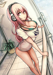 Rule 34 | 1girl, :o, bikini, bikini under clothes, breasts, cleavage, evan yang, headphones, large breasts, long hair, looking at viewer, nitroplus, pink eyes, pink hair, solo, strap gap, super sonico, swimsuit, swimsuit under clothes