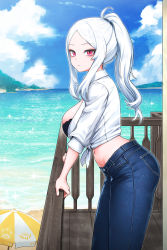 Rule 34 | 1girl, absurdres, beach umbrella, black bra, blue pants, blue sky, blush, bra, breasts, cain (gunnermul), closed mouth, day, denim, forehead, from side, highres, jeans, large breasts, leaning forward, looking at viewer, looking to the side, navel, ocean, open clothes, open shirt, original, outdoors, pants, parted bangs, ponytail, railing, red eyes, shirt, sideboob, sidelocks, silver hair, sky, sleeves past elbows, solo, standing, tied shirt, umbrella, underwear, water, white shirt
