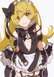 Rule 34 | 1girl, apron, bakemonogatari, bare shoulders, belt, belt buckle, black dress, blonde hair, blush, blush stickers, bow, buckle, clothes lift, cross, detached sleeves, dress, frilled dress, frilled skirt, frills, garter straps, gem, gloves, hair bow, hair flaps, hair ornament, highres, jewelry, juliet sleeves, long hair, long sleeves, looking at viewer, maid, maid apron, maid headdress, monogatari (series), open belt, open clothes, oshino shinobu, puffy sleeves, skirt, skirt lift, smile, solo, strap slip, thighhighs, valhalla0707, white background, yellow eyes
