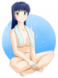 Rule 34 | 1girl, blue hair, breasts, collarbone, completely nude, convenient censoring, full body, green eyes, indian style, kyororiworld, long hair, looking afar, medium breasts, navel, nude, original, sitting, solo, towel, towel around neck, tower, white towel