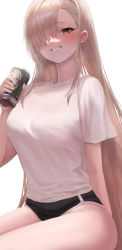 Rule 34 | 1girl, absurdres, alternate costume, asuna (blue archive), black shorts, blonde hair, blouse, blue archive, blush, breasts, can, commentary, gadeung hye, grin, hair over one eye, highres, holding, holding can, large breasts, long hair, looking at viewer, shirt, short shorts, shorts, simple background, sitting, smile, solo, sweat, thighs, very long hair, white background, white shirt