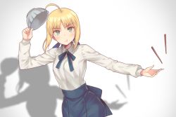 Rule 34 | 1girl, :t, ahoge, artoria pendragon (all), artoria pendragon (fate), bad id, bad twitter id, blush, bowl, chopsticks, fate/stay night, fate (series), g.t, gradient background, green eyes, looking at viewer, outstretched arm, pout, saber (fate), shadow, short hair, solo