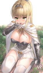 Rule 34 | 1girl, armor, blonde hair, blurry, boobplate, breastplate, breasts, bustier, cape, day, depth of field, elf, gloves, greaves, green eyes, hair between eyes, hair intakes, hairband, hand to own mouth, highres, kfr, large breasts, long hair, looking at viewer, miniskirt, original, outdoors, plant, pleated skirt, pointy ears, ponytail, sidelocks, sitting, skindentation, skirt, solo, tears, teeth, thighhighs, thighs, upper teeth only, vambraces, wariza, white gloves, white thighhighs, zettai ryouiki