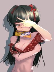 Rule 34 | 1girl, black hair, bow, breasts, brown eyes, cleavage, covering face, female focus, hair bow, idogusa, idolmaster, idolmaster shiny colors, long hair, looking at viewer, mayuzumi fuyuko, medium breasts, mouth hold, navel, off shoulder, red bow, shadow, solo, two side up