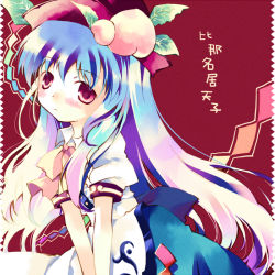 Rule 34 | 1girl, ayuka, blue hair, female focus, food, fruit, hat, hinanawi tenshi, long hair, peach, ribbon, solo, standing, touhou