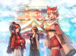 Rule 34 | 3girls, :d, architecture, black gloves, blaziken, blurry, blurry background, bow, brown dress, brown gloves, brown hair, crossed arms, dango, dress, east asian architecture, fingerless gloves, food, gen 3 pokemon, gloves, hair bow, knife, long hair, looking at viewer, midriff, mightyena, moe (hamhamham), multicolored hair, multiple girls, navel, open mouth, outdoors, personification, pokemon, ponytail, red hair, red legwear, red skirt, scarf, sheath, sheathed, skirt, smile, standing, swellow, two-tone hair, very long hair, wagashi, white hair, white scarf