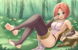 Rule 34 | 1girl, :d, aqua eyes, arm support, bare shoulders, black thighhighs, blue nails, bokuboyarts, breasts, bridal legwear, brown hair, bug, bush, butterfly, commission, crossed legs, dappled sunlight, day, dress, fang, feet, forest, from side, full body, grass, hair intakes, hand up, head on hand, head rest, highres, insect, jewelry, knees up, large breasts, leaning back, leaning on object, leg up, legs, light blush, light rays, looking at viewer, nail polish, nature, necklace, no shoes, on grass, open mouth, original, outdoors, parted bangs, revealing clothes, short hair, sideboob, sideless outfit, sitting, smile, soles, solo, stirrup legwear, sunbeam, sunlight, thighhighs, thighs, toeless legwear, toes, tongue, tree, tree stump, white dress
