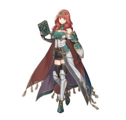 Rule 34 | 1girl, absurdres, armor, armored boots, bare shoulders, belt, black thighhighs, book, boots, breastplate, cape, celica (fire emblem), closed mouth, commentary request, dress, earrings, elbow gloves, fingerless gloves, fire emblem, fire emblem echoes: shadows of valentia, fire emblem heroes, full body, gloves, gold trim, hairband, highres, holding, jewelry, long hair, looking at viewer, nintendo, noy, official art, overskirt, red eyes, red hair, simple background, skirt, smile, standing, thighhighs, white background, zettai ryouiki