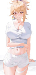 Rule 34 | 1girl, absurdres, alternate costume, blonde hair, blush, breasts, cleavage, closed mouth, collarbone, commentary request, cowboy shot, genshin impact, highres, katagirinanoka, large breasts, looking at viewer, navel, ponytail, shirt, short sleeves, smile, solo, thigh gap, thighs, white background, white shirt, yellow eyes, yoimiya (genshin impact)