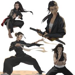Rule 34 | 1girl, bare shoulders, black eyes, black hair, black pants, commentary, concentrating, crop top, dougi, english commentary, fighting stance, highres, holding, holding sword, holding weapon, katana, long hair, lucia hsiang, martial arts, multiple views, original, pants, ponytail, sarashi, sideways glance, simple background, sword, weapon