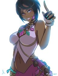 Rule 34 | 1girl, aqua nails, artist name, bare shoulders, black hair, bloom, breasts, bright pupils, cleavage, closed mouth, collarbone, creatures (company), dark-skinned female, dark skin, diamond (shape), earrings, ebbilin, elite four, fingernails, game freak, gem, holding, holding poke ball, island kahuna, jewelry, large breasts, long fingernails, looking at viewer, midriff, nail polish, navel, neck ring, necklace, nintendo, olivia (pokemon), pink lips, pink shirt, poke ball, pokemon, pokemon sm, purple eyes, purple shorts, shirt, short hair, short shorts, shorts, simple background, smile, solo, stomach, tank top, ultra ball, white background