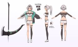 Rule 34 | 1girl, arrow (symbol), bare shoulders, belt, black belt, black choker, black jacket, blush, breasts, camisole, character sheet, choker, closed mouth, coeiroink, collarbone, commentary request, croix-chan, crop top, full body, green eyes, grey hair, hair intakes, halberd, highleg, highleg panties, highres, jacket, large breasts, long hair, midriff, multiple views, navel, off-shoulder shirt, off shoulder, official art, open clothes, open jacket, panties, panty straps, partner (kprtnr), polearm, ponytail, see-through, see-through shirt, shirt, shoes, short shorts, shorts, simple background, single thighhigh, smile, sneakers, thigh strap, thighhighs, torn clothes, torn thighhighs, translation request, turnaround, underbust, underwear, weapon, white background, white camisole, white shorts