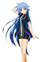 Rule 34 | 1girl, bare shoulders, blue hair, blush, bodysuit, breasts, fang, hair ribbon, highres, levi the slasher, long hair, looking at viewer, lyrical nanoha, magical girl, mahou shoujo, levi the slasher, medium breasts, open mouth, purple eyes, ribbon, smile, solo, standing, twintails