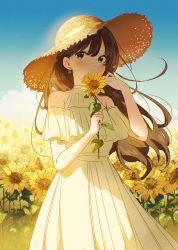 Rule 34 | 1girl, bare shoulders, blue sky, blush, brown eyes, brown hair, dress, field, flower, frilled dress, frills, hanako151, hand up, hat, highres, holding, holding flower, long hair, off-shoulder dress, off shoulder, original, outdoors, plant, short sleeves, sky, solo, standing, straw hat, sun hat, sunflower, white dress, yellow flower, yellow theme