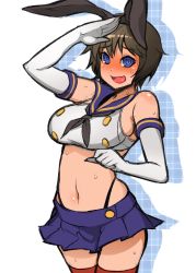 Rule 34 | 1girl, @ @, black neckerchief, blue skirt, blush, bow, breasts, brown hair, commentary request, cosplay, cowboy shot, cropped shirt, dot nose, elbow gloves, fukurou (owl222), gloves, hair bow, highres, kantai collection, large breasts, major, midriff, navel, neckerchief, open mouth, pleated skirt, red thighhighs, school uniform, serafuku, shadow, shimakaze (kancolle), shimakaze (kancolle) (cosplay), short hair, simple background, skirt, solo, sweatdrop, thighhighs, thong, white background, white gloves, zettai ryouiki