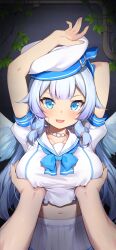 Rule 34 | 1boy, 1girl, 3.14, arms up, blue eyes, blue hair, blush, breast lift, breasts, chii aruel, collarbone, feathered wings, hat, highres, jewelry, large breasts, long hair, looking at viewer, navel, necklace, nervous, nervous smile, open mouth, pleated skirt, pov, school uniform, serafuku, shirt, short sleeves, sidelocks, skirt, smile, soulworker, sweatdrop, white skirt, wings