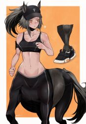 Rule 34 | 1girl, absurdres, animal ears, arm pouch, bare shoulders, black footwear, black hat, black pants, black sports bra, breasts, centaur, cleavage, collarbone, commentary, cowboy shot, ears through headwear, english commentary, groin, hat, highres, horse ears, horse tail, inset, kivo, long hair, looking to the side, medium breasts, midriff, monster girl, multiple legs, navel, orange eyes, original, pants, parted lips, ponytail, running, shoes, sidelocks, signature, sneakers, solo, sports bra, standing, sweat, tail, taur, tight clothes, tight pants, yoga pants
