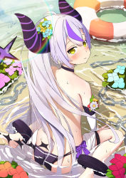 Rule 34 | 1girl, :s, absurdres, ahoge, ass, back, black choker, blush, chain, choker, closed mouth, demon girl, demon horns, flower, from behind, hair between eyes, hair flower, hair ornament, highres, hololive, horns, innertube, la+ darknesss, lens flare, long hair, looking at viewer, looking back, multicolored hair, partially submerged, pointy ears, purple hair, sitting, solo, spice mega, streaked hair, striped horns, swim ring, tail, topless, very long hair, virtual youtuber, wariza, yellow eyes