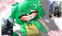 Rule 34 | artist request, baby, blush, bow, breasts, closed eyes, father and son, floral background, flower, godzilla (series), godzilla vs. spacegodzilla, green hair, green shirt, hair between eyes, hair bow, hand up, highres, image sample, little godzilla, monster girl, official art, parent and child, shirt, short hair, small breasts, smile, tail, teeth, toho