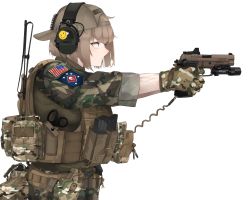Rule 34 | 1girl, american flag, ammunition belt, ammunition pouch, baseball cap, blonde hair, blue eyes, body armor, brown hat, camouflage, camouflage gloves, camouflage jacket, closed mouth, fte (fifteen 199), gun, handgun, hat, headset, highres, holding, holding gun, holding weapon, jacket, looking away, magazine (weapon), medium hair, military, military uniform, original, pouch, profile, sig p220/p226, sleeves rolled up, solo, uniform, upper body, weapon, white background