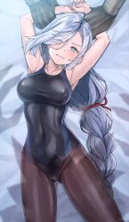 Rule 34 | 1girl, 1other, black one-piece swimsuit, black pantyhose, braid, breasts, commentary request, competition swimsuit, genshin impact, gradient hair, grey hair, hair over one eye, highres, koyuki (kotatsu358), long hair, looking at viewer, low-braided long hair, low-tied long hair, multicolored hair, one-piece swimsuit, pantyhose, pantyhose under swimsuit, restrained, shadow, shenhe (genshin impact), swimsuit, very long hair, white hair